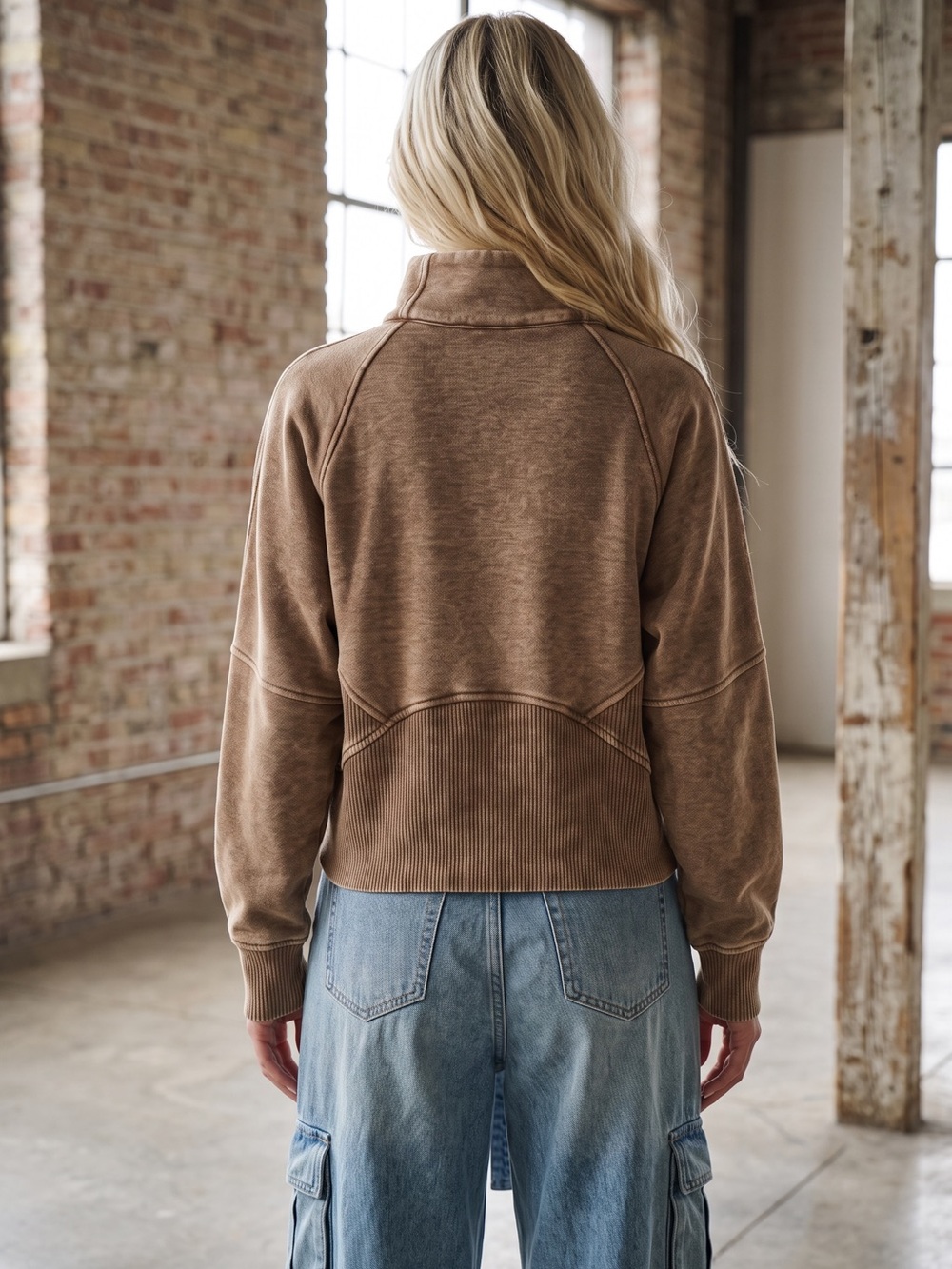 NWT Acid Washed Half Zip Fleece Pullover Kangaroo Pocket Pullover Scuba Mocha - Picture 7 of 7